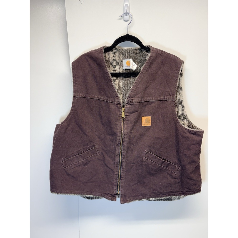 Vintage Carhartt Vest Mens 2XL Brown Duck Canvas Aztec Lined Sherpa‎ USA Grunge
